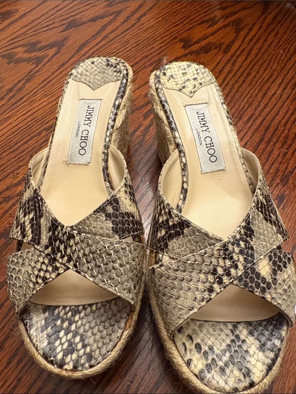 Jimmy Choo Neutral Snake-Print Wedge Sandals